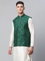 Thumbnail for Jompers Men's Green Mirror Work Embroidered Nehru Jacket - Distacart