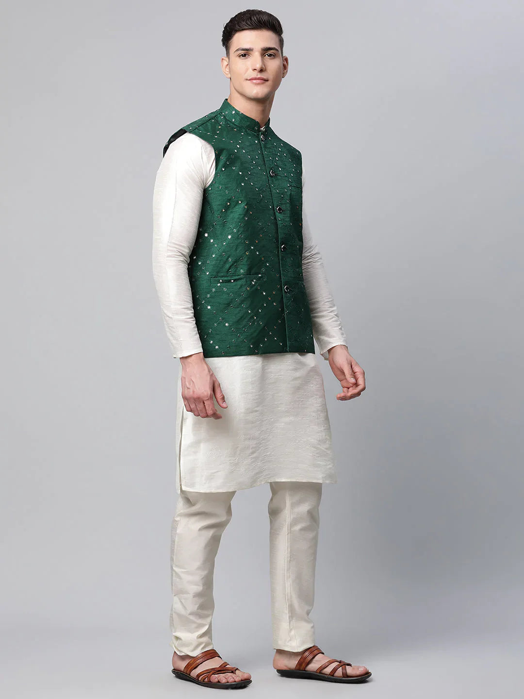 Jompers Men's Green Mirror Work Embroidered Nehru Jacket - Distacart