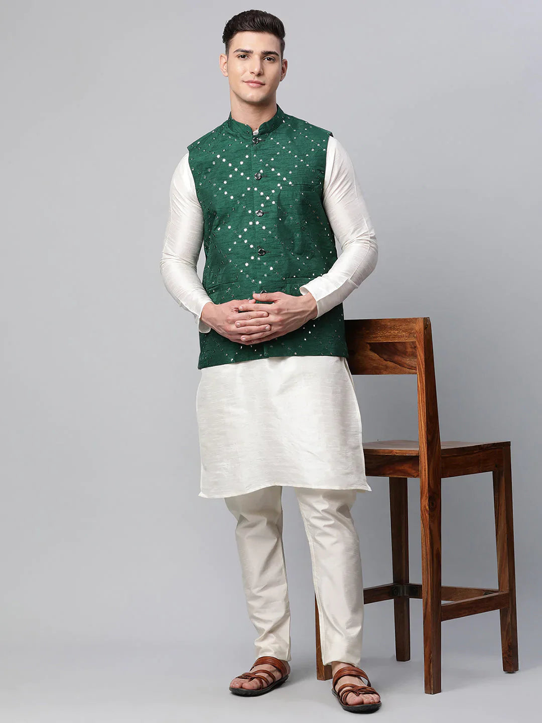 Jompers Men's Green Mirror Work Embroidered Nehru Jacket - Distacart