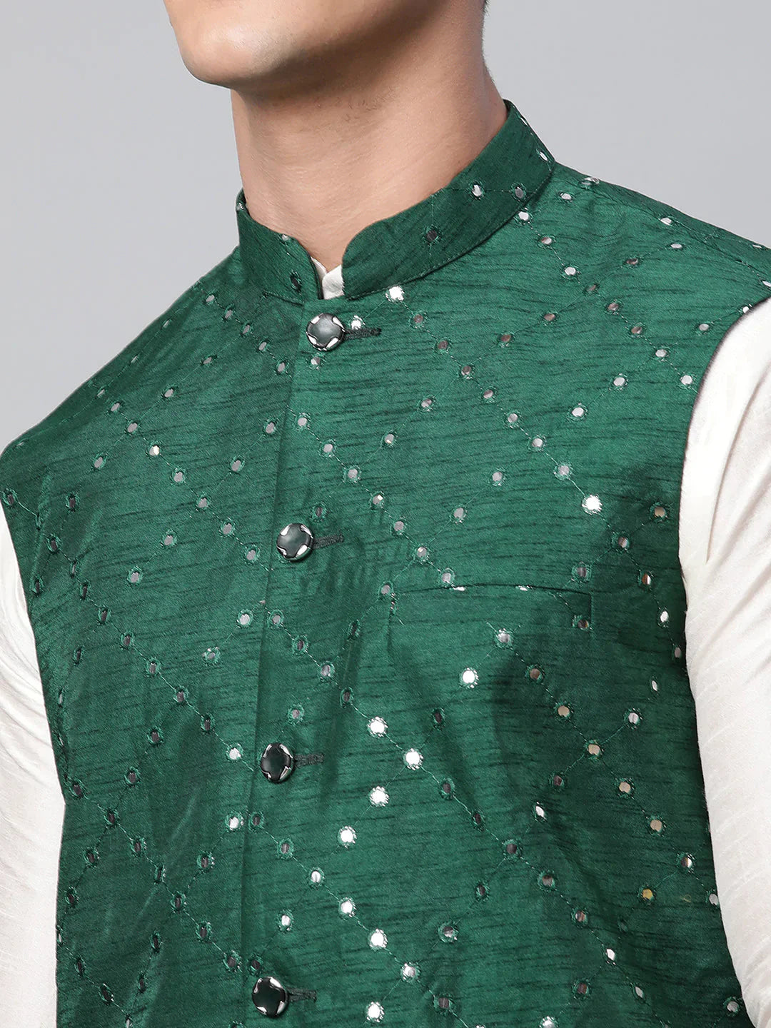 Jompers Men's Green Mirror Work Embroidered Nehru Jacket - Distacart