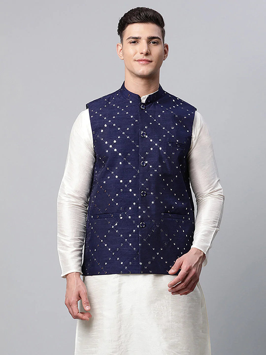 Jompers Men's Navy Mirror Work Embroidered Nehru Jacket - Distacart