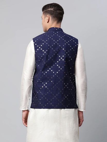 Jompers Men's Navy Mirror Work Embroidered Nehru Jacket - Distacart