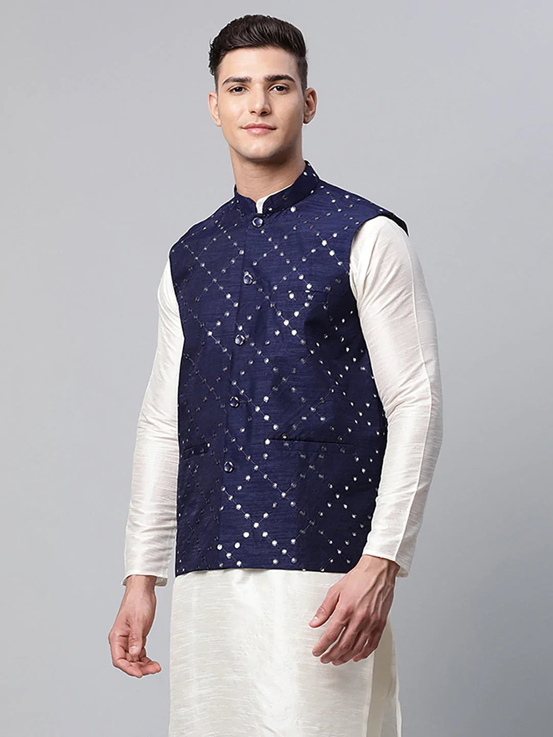 Jompers Men's Navy Mirror Work Embroidered Nehru Jacket - Distacart