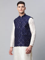 Thumbnail for Jompers Men's Navy Mirror Work Embroidered Nehru Jacket - Distacart