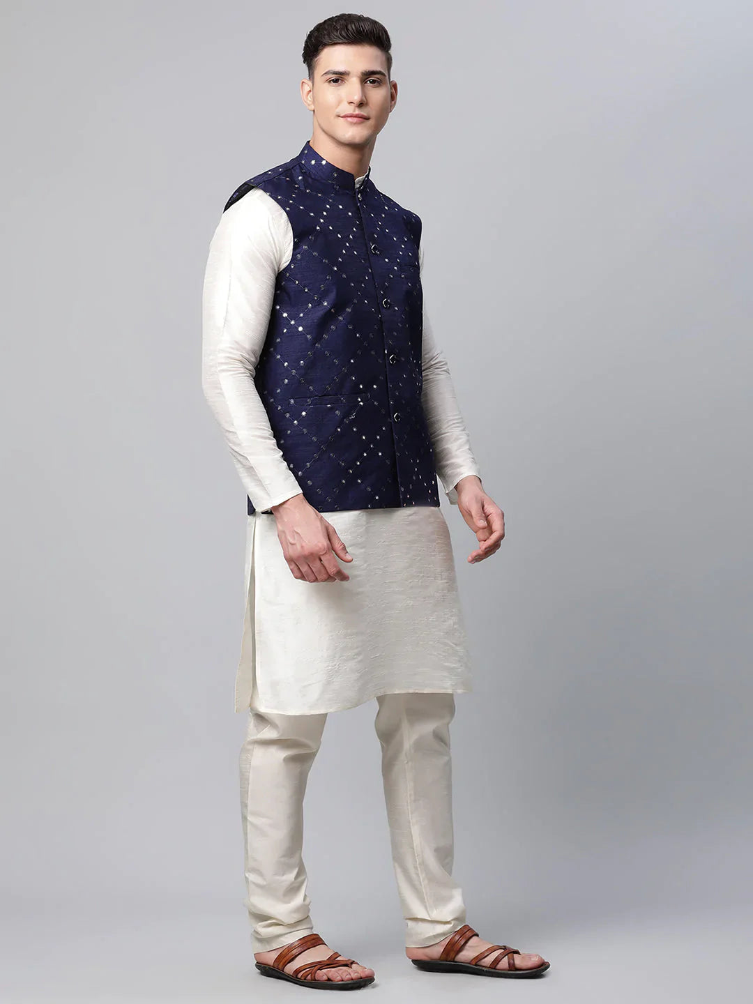 Jompers Men's Navy Mirror Work Embroidered Nehru Jacket - Distacart