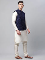 Thumbnail for Jompers Men's Navy Mirror Work Embroidered Nehru Jacket - Distacart