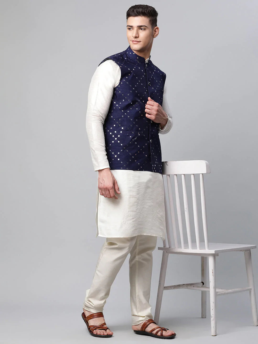 Jompers Men's Navy Mirror Work Embroidered Nehru Jacket - Distacart