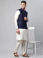 Thumbnail for Jompers Men's Navy Mirror Work Embroidered Nehru Jacket - Distacart