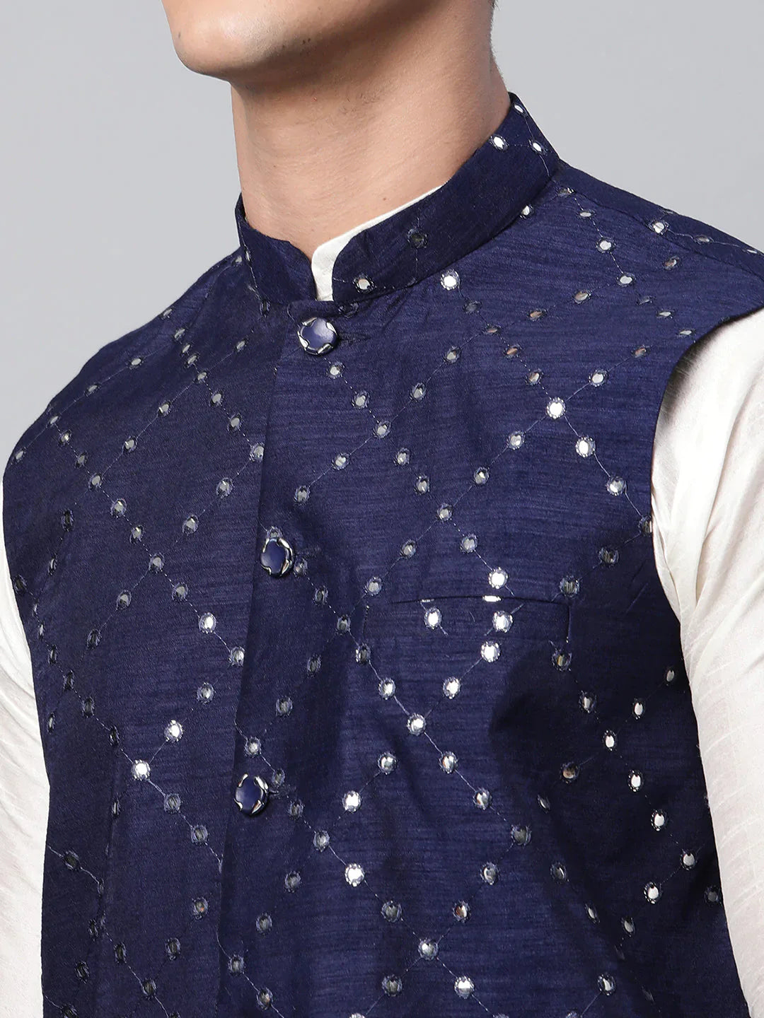 Jompers Men's Navy Mirror Work Embroidered Nehru Jacket - Distacart