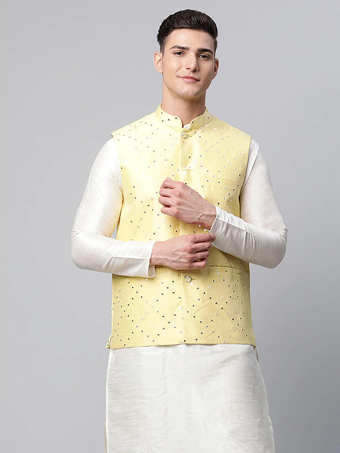 Jompers Men's Yellow Mirror Work Embroidered Nehru Jacket - Distacart