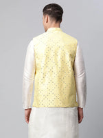 Thumbnail for Jompers Men's Yellow Mirror Work Embroidered Nehru Jacket - Distacart