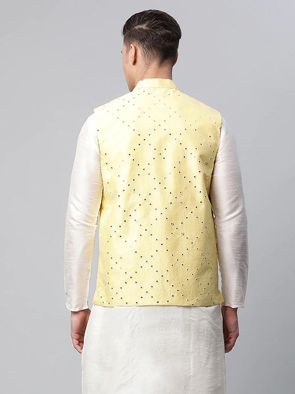 Jompers Men's Yellow Mirror Work Embroidered Nehru Jacket - Distacart