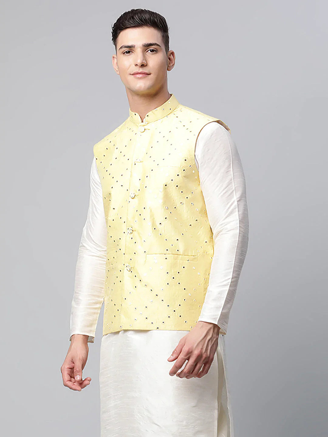 Jompers Men's Yellow Mirror Work Embroidered Nehru Jacket - Distacart