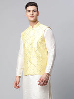 Thumbnail for Jompers Men's Yellow Mirror Work Embroidered Nehru Jacket - Distacart
