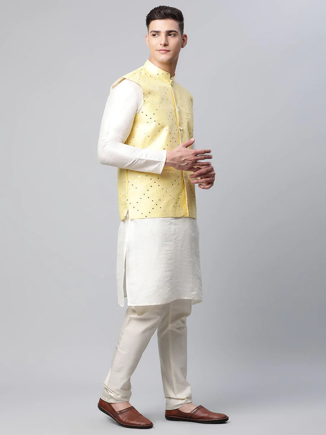 Jompers Men's Yellow Mirror Work Embroidered Nehru Jacket - Distacart