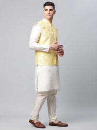 Thumbnail for Jompers Men's Yellow Mirror Work Embroidered Nehru Jacket - Distacart