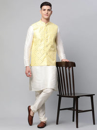 Thumbnail for Jompers Men's Yellow Mirror Work Embroidered Nehru Jacket - Distacart