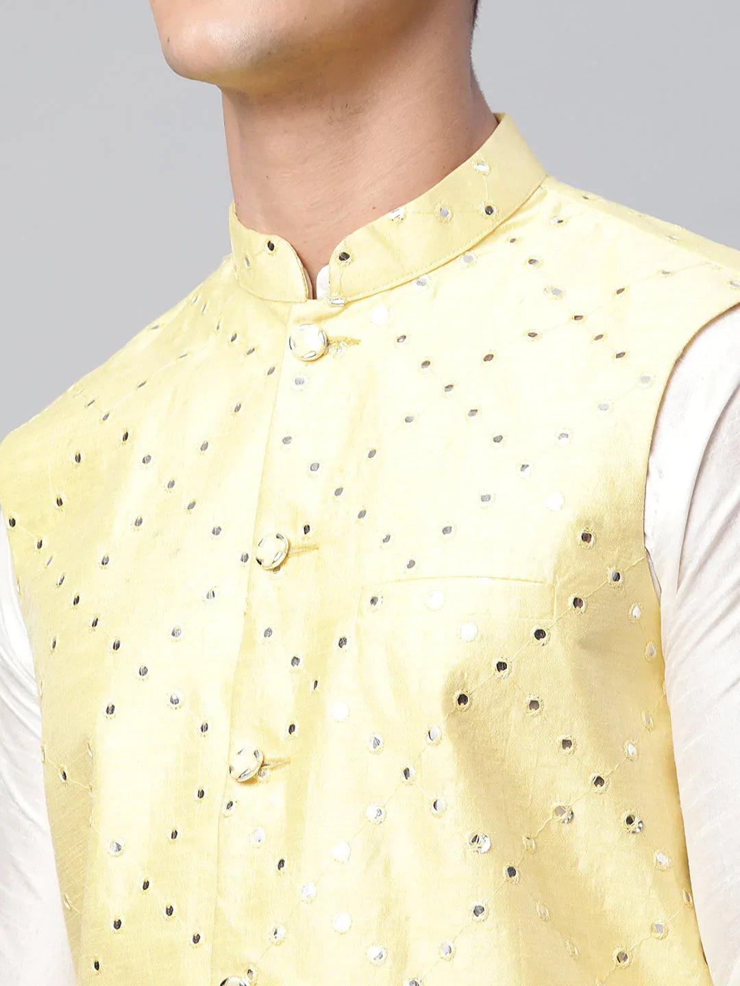 Jompers Men's Yellow Mirror Work Embroidered Nehru Jacket - Distacart