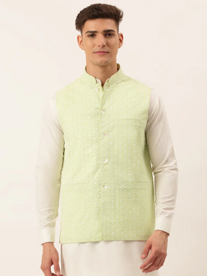 Jompers Men's Green Embroidered Nehru Jackets - Distacart