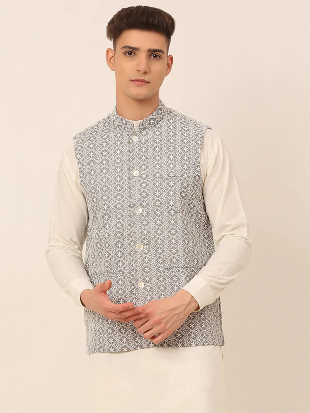 Jompers Men's Grey Embroidered Nehru Jackets - Distacart