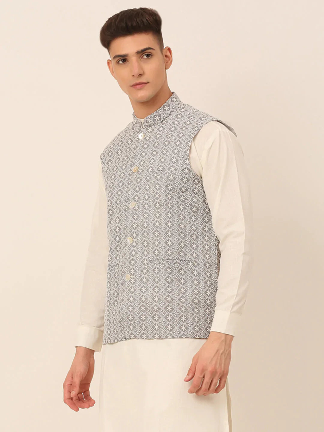 Jompers Men's Grey Embroidered Nehru Jackets - Distacart