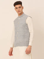 Thumbnail for Jompers Men's Grey Embroidered Nehru Jackets - Distacart