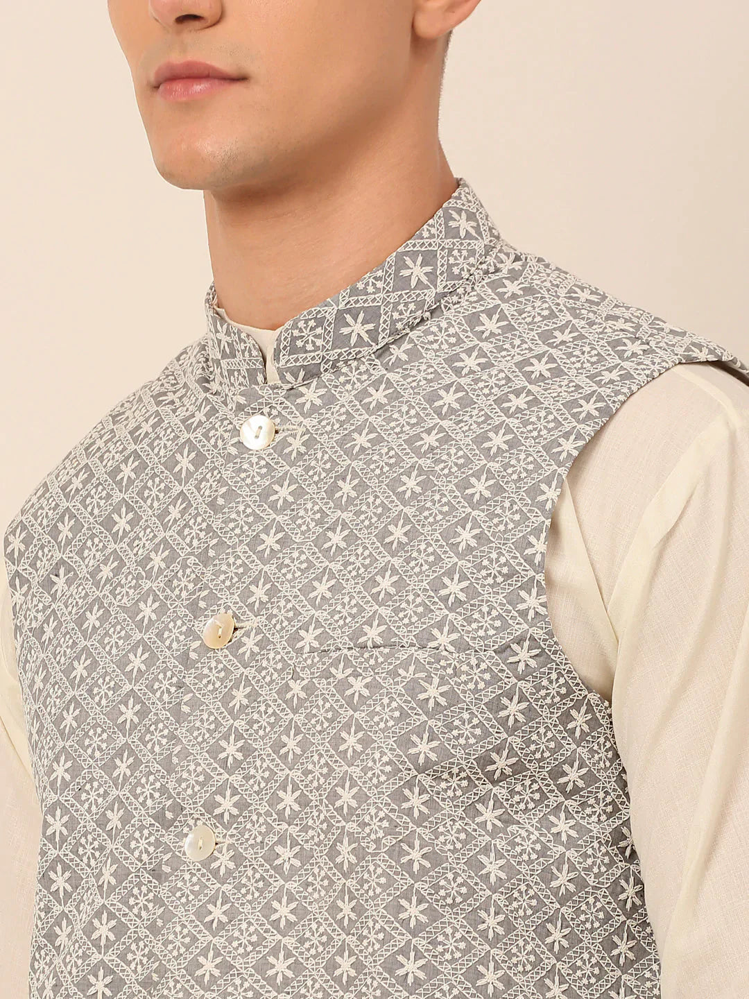 Jompers Men's Grey Embroidered Nehru Jackets - Distacart