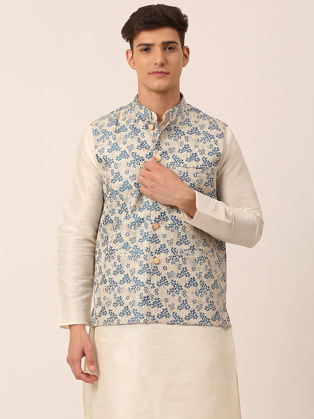 Jompers Men's Blue Floral Design Nehru Jacket - Distacart