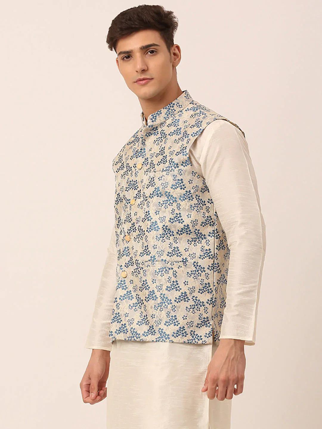 Jompers Men's Blue Floral Design Nehru Jacket - Distacart