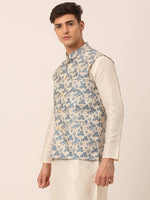 Thumbnail for Jompers Men's Blue Floral Design Nehru Jacket - Distacart