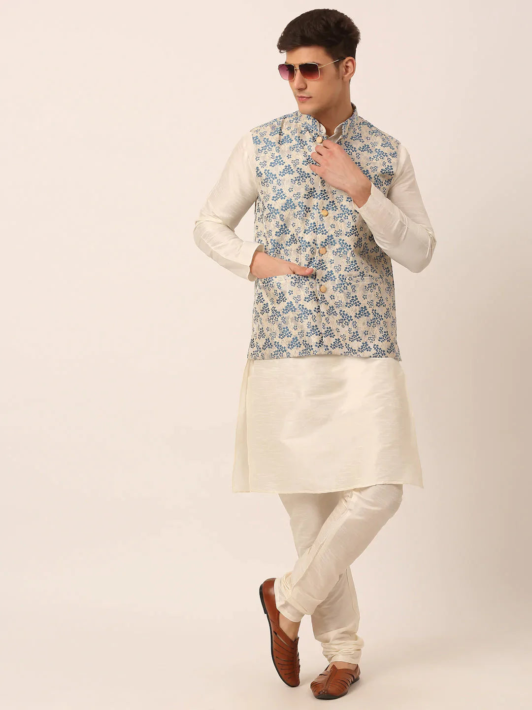 Jompers Men's Blue Floral Design Nehru Jacket - Distacart