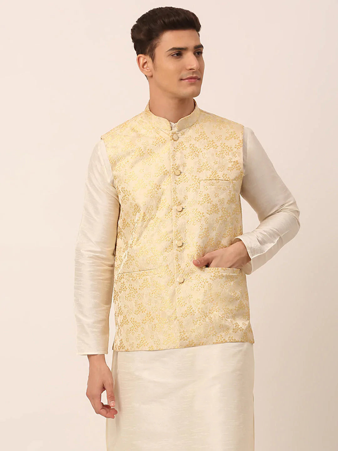 Jompers Men's Golden Floral Design Nehru Jacket - Distacart