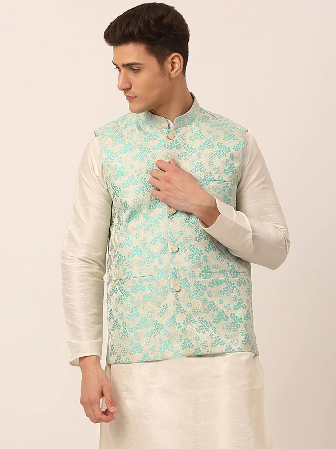 Jompers Men's Sky Blue Floral Design Nehru Jacket - Distacart