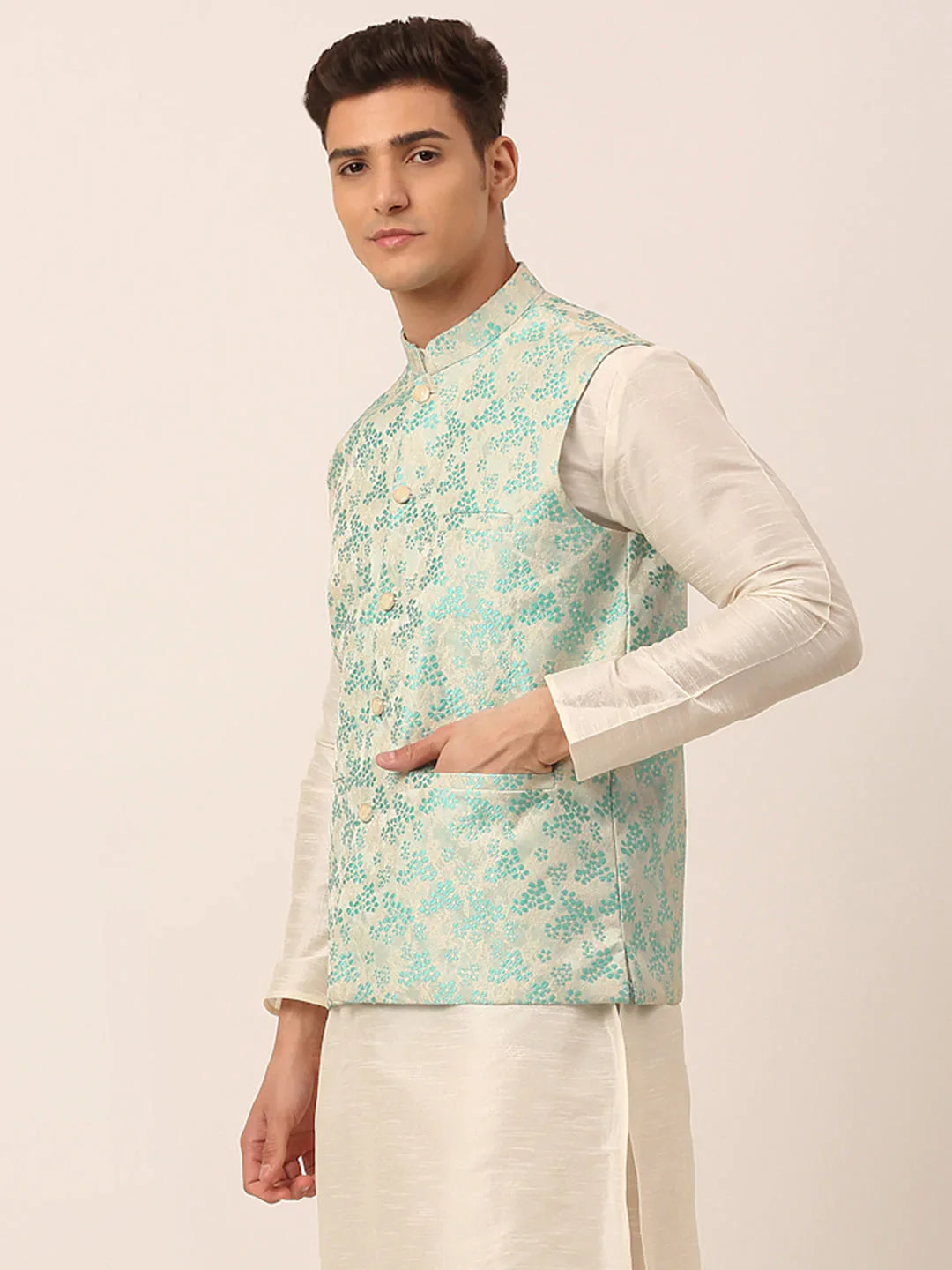 Jompers Men's Sky Blue Floral Design Nehru Jacket - Distacart