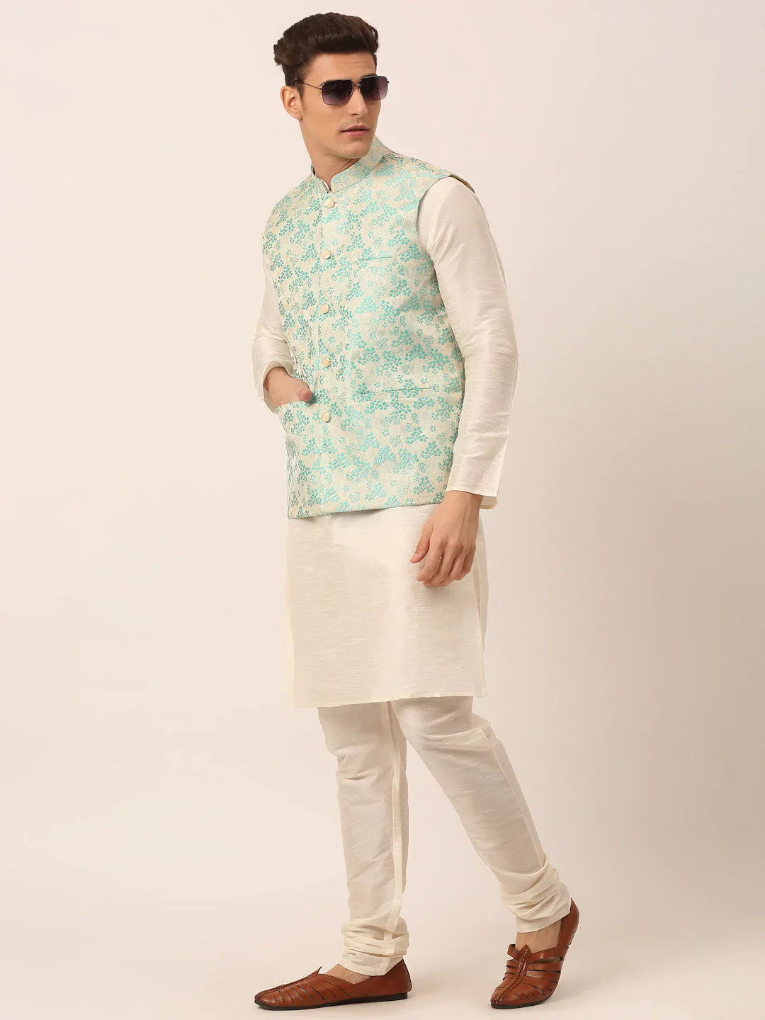 Jompers Men's Sky Blue Floral Design Nehru Jacket - Distacart