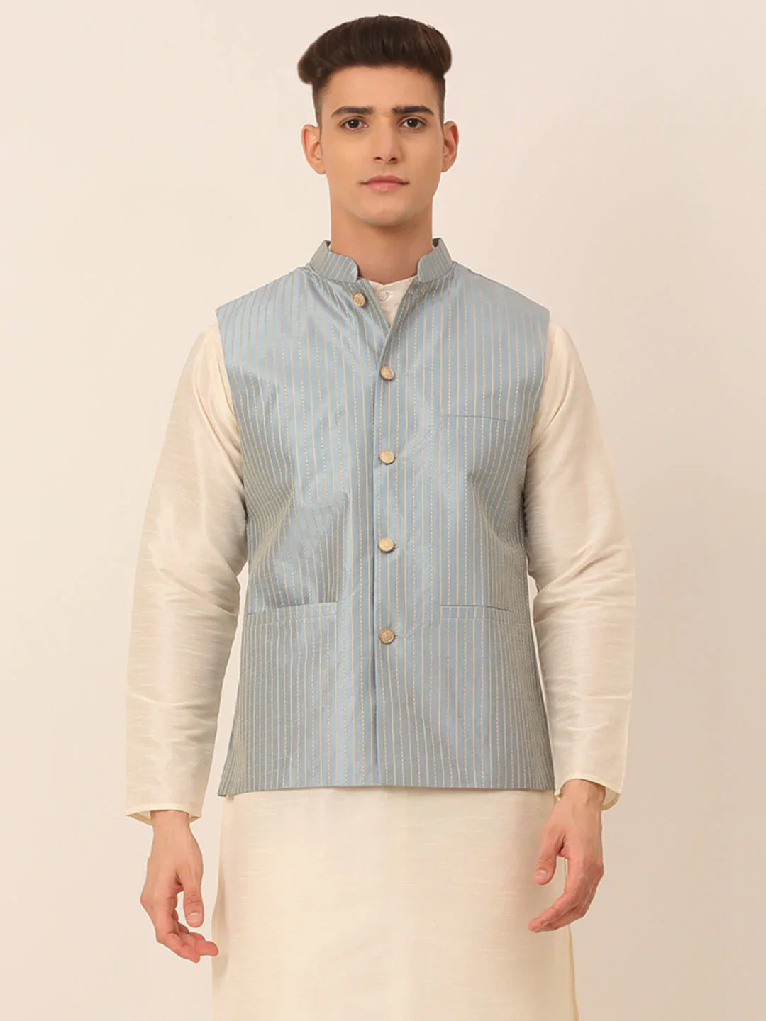 Jompers Men's Blue & Golden Embroidered Nehru Jackets - Distacart