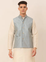Thumbnail for Jompers Men's Blue & Golden Embroidered Nehru Jackets - Distacart