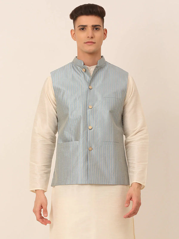 Jompers Men's Blue & Golden Embroidered Nehru Jackets - Distacart