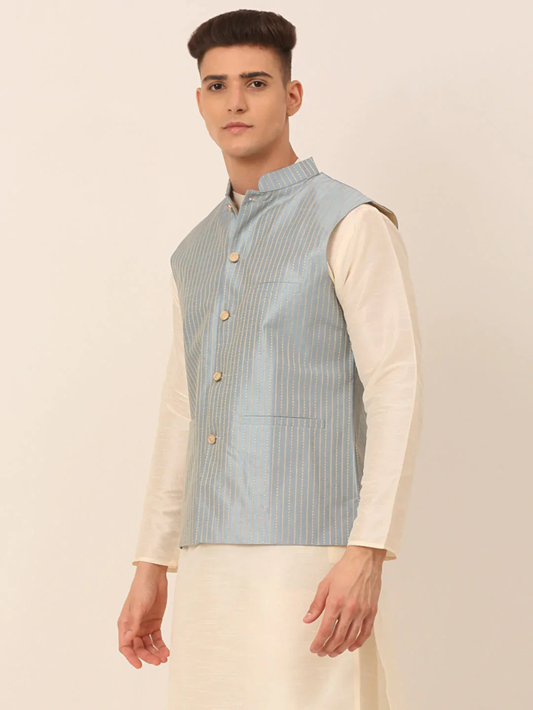 Jompers Men's Blue & Golden Embroidered Nehru Jackets - Distacart