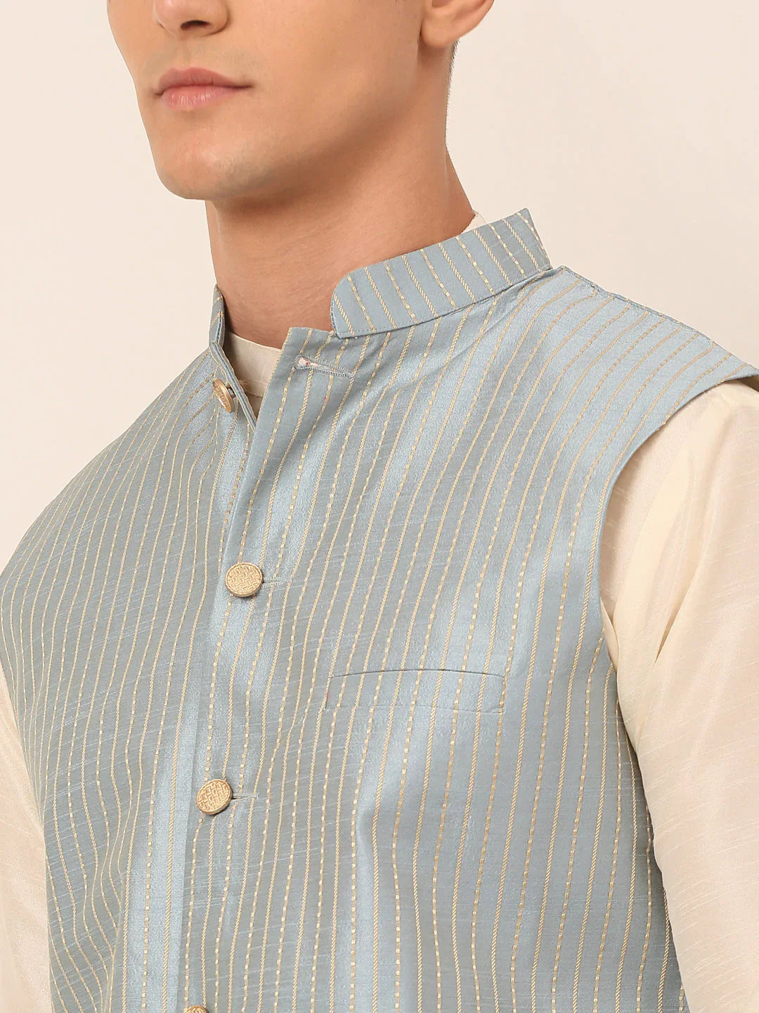 Jompers Men's Blue & Golden Embroidered Nehru Jackets - Distacart