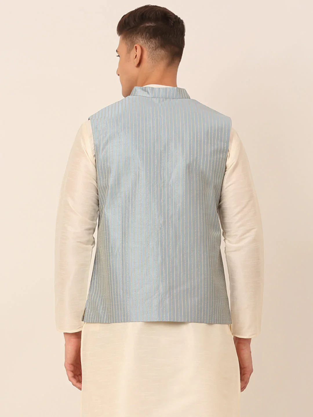 Jompers Men's Blue & Golden Embroidered Nehru Jackets - Distacart