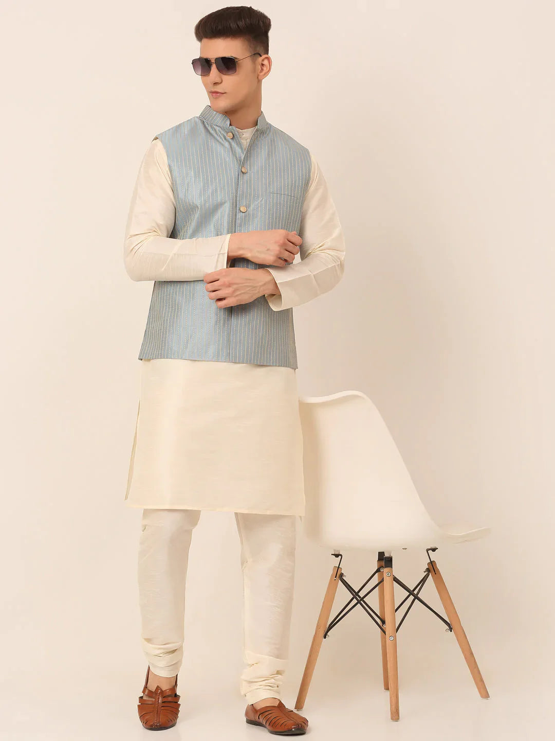 Jompers Men's Blue & Golden Embroidered Nehru Jackets - Distacart