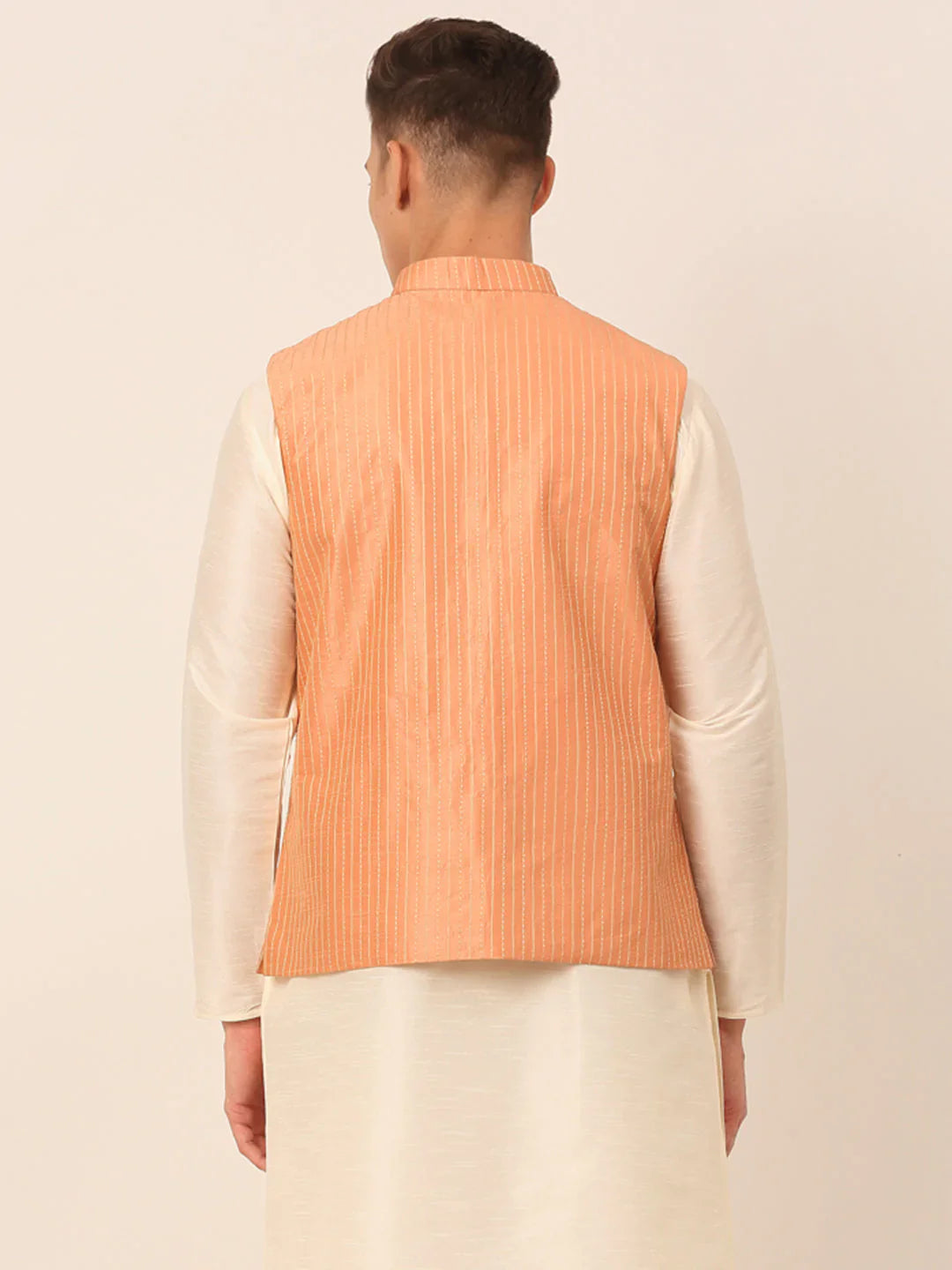 Jompers Men's Peach & Golden Embroidered Nehru Jackets - Distacart