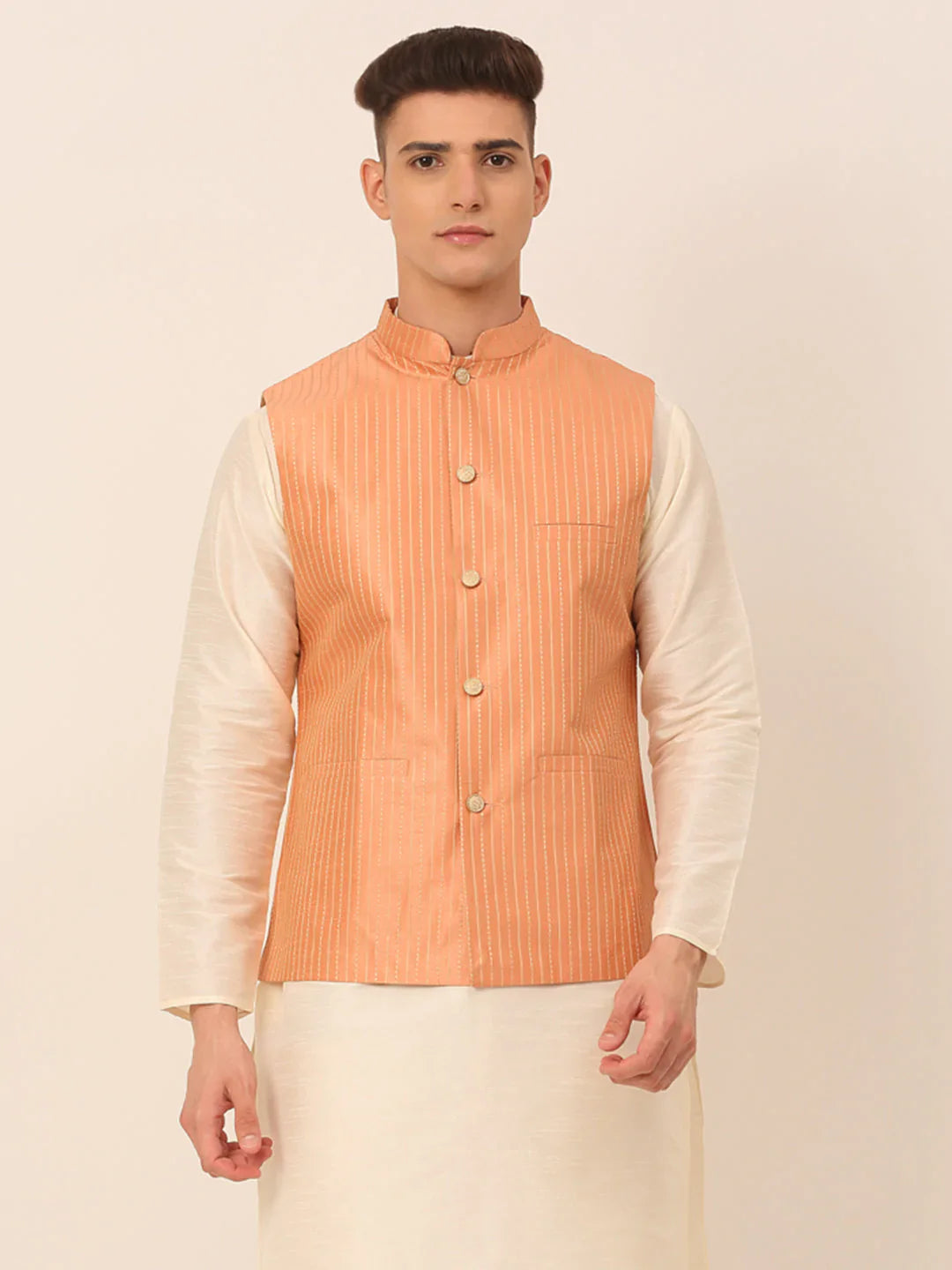 Jompers Men's Peach & Golden Embroidered Nehru Jackets - Distacart