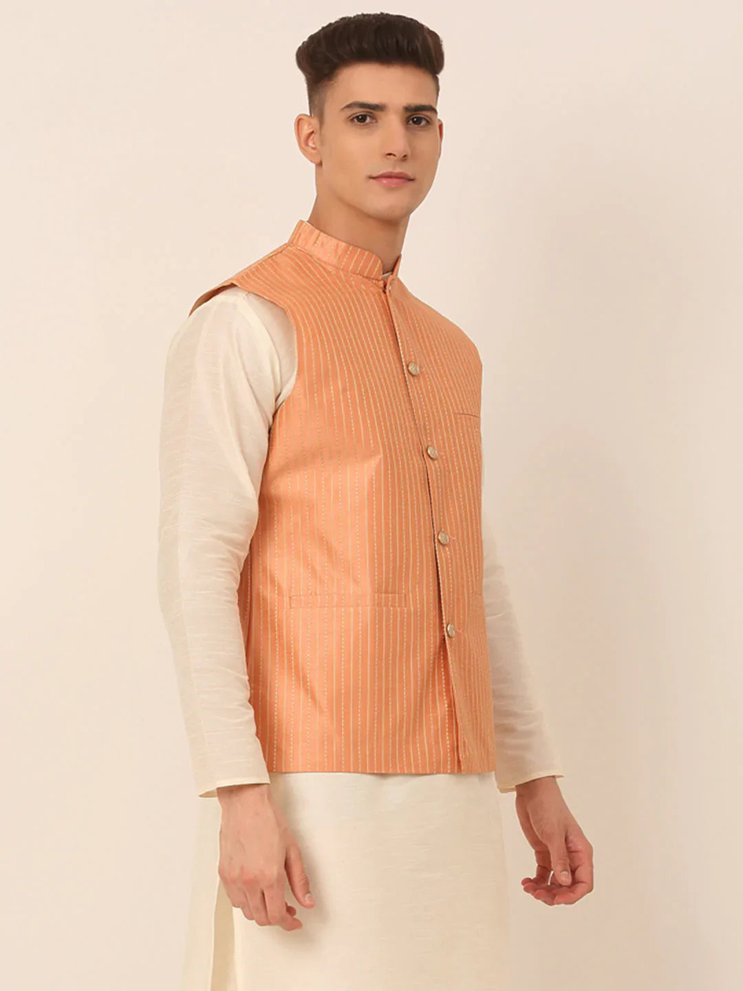 Jompers Men's Peach & Golden Embroidered Nehru Jackets - Distacart