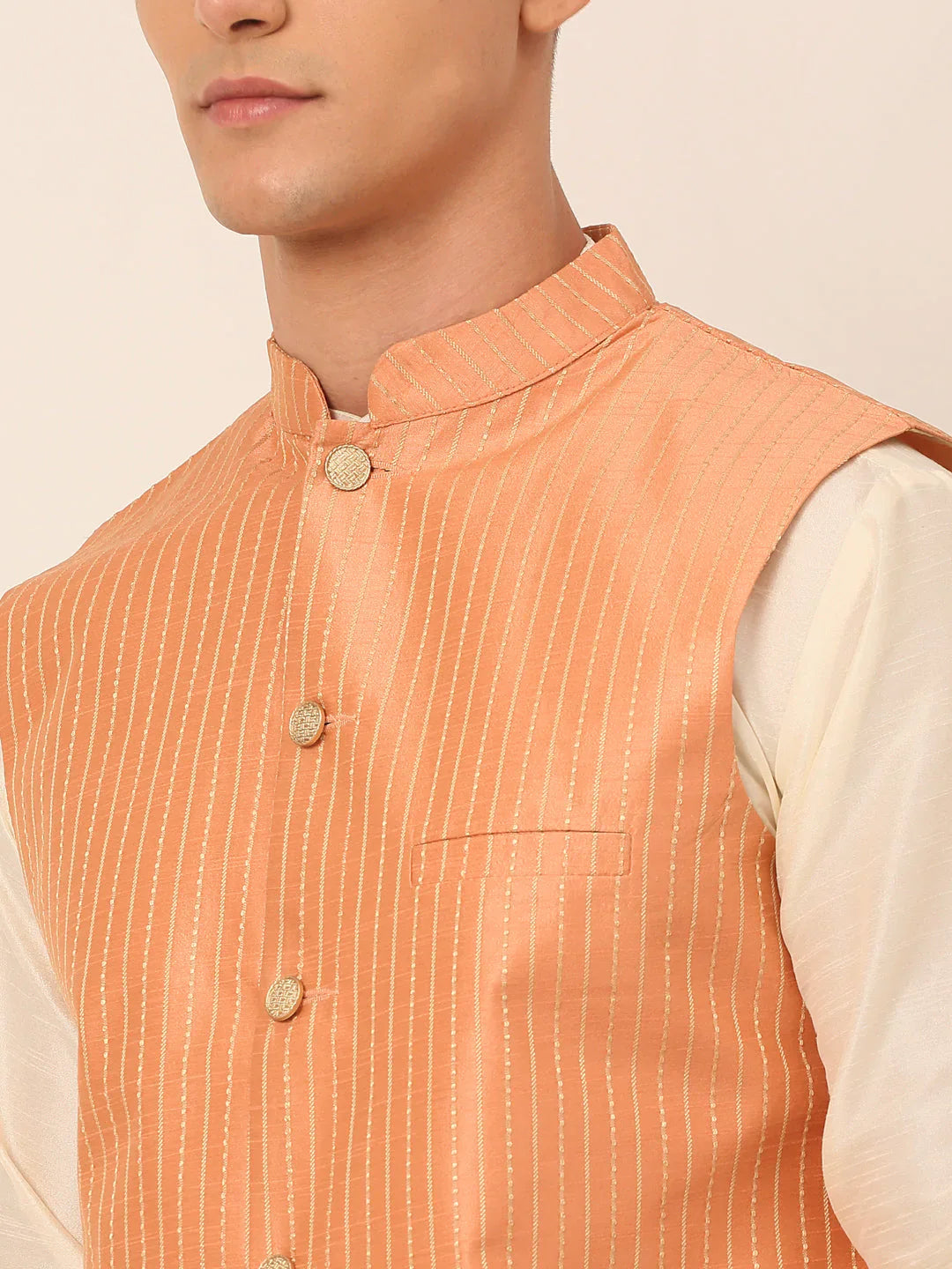 Jompers Men's Peach & Golden Embroidered Nehru Jackets - Distacart