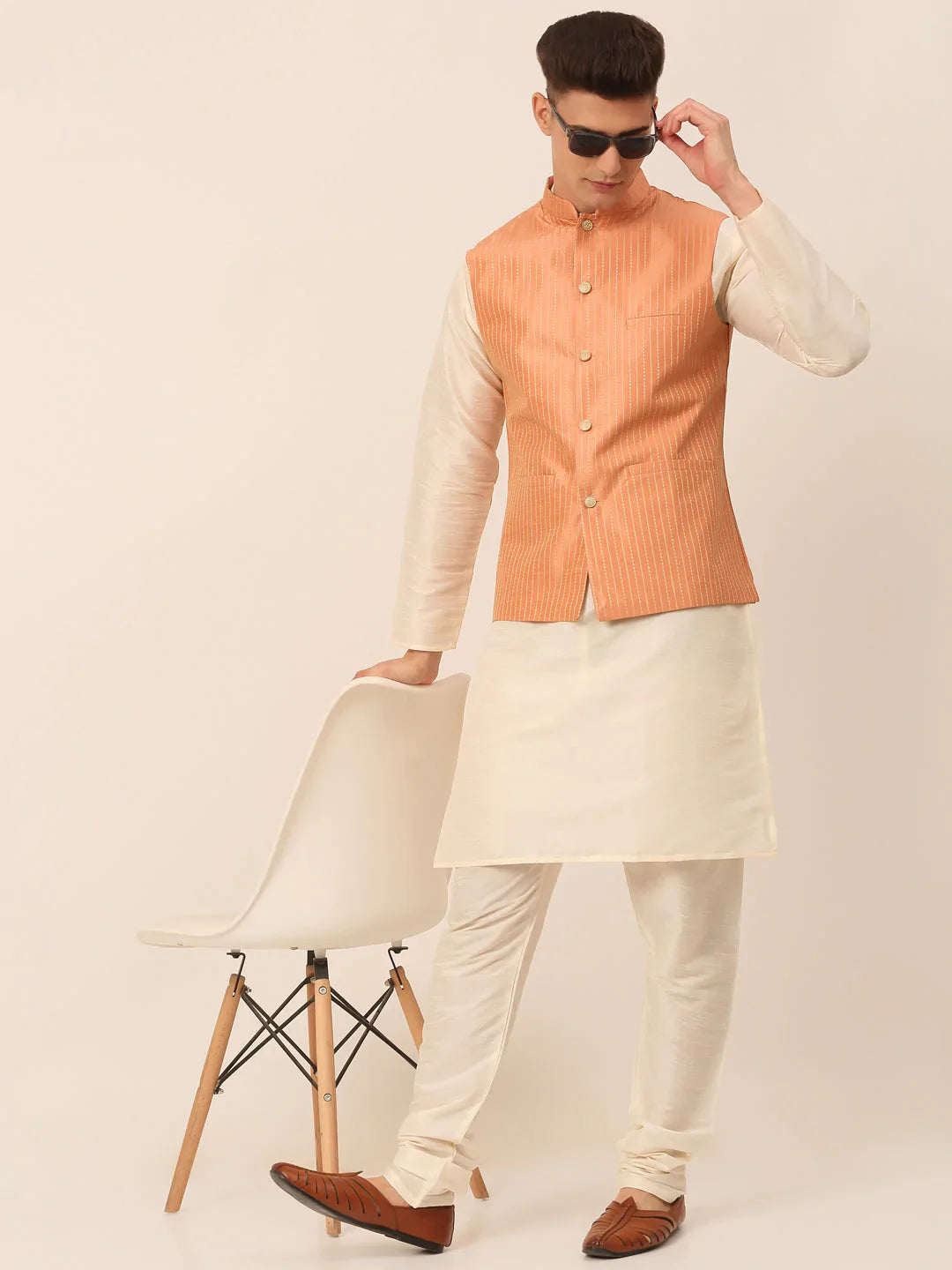 Jompers Men's Peach & Golden Embroidered Nehru Jackets - Distacart