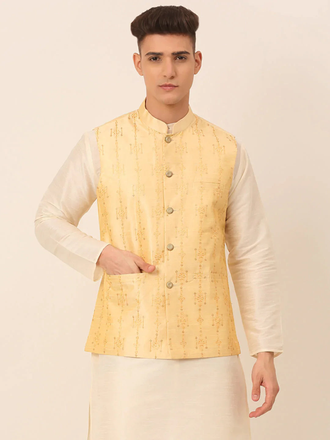 Jompers Men's Golden Embroidered Woven Nehru Jackets - Distacart