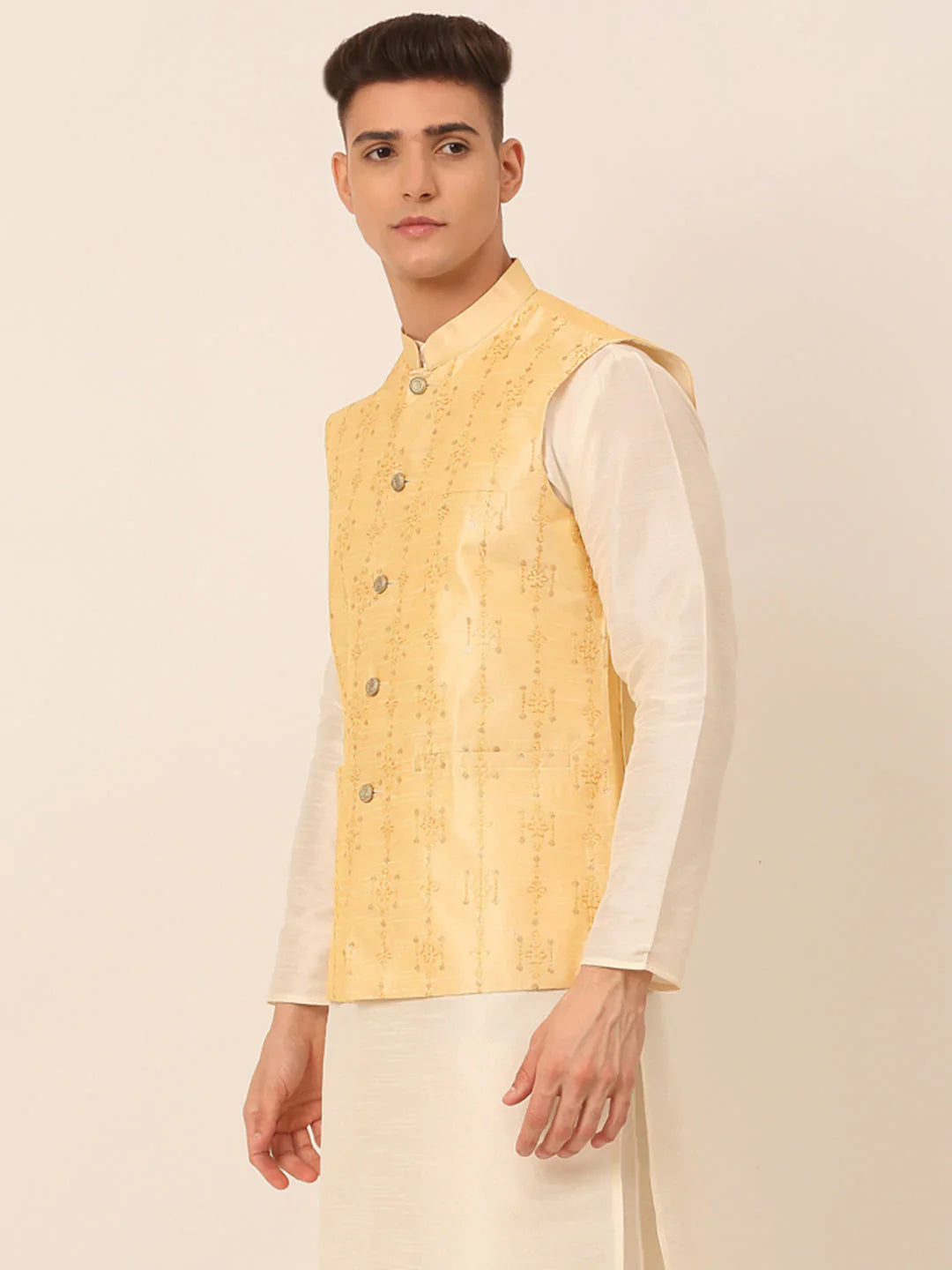 Jompers Men's Golden Embroidered Woven Nehru Jackets - Distacart