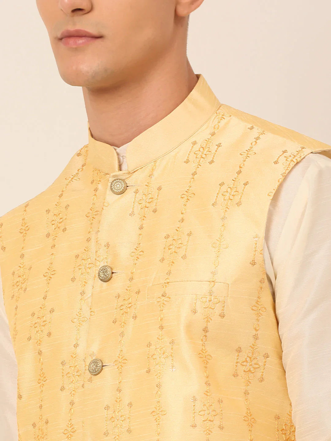 Jompers Men's Golden Embroidered Woven Nehru Jackets - Distacart